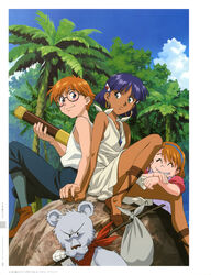  1boy 2girls absurdres animal blue_eyes blush_stickers brown_hair dark-skinned_female dark_skin earrings fingernails fushigi_no_umi_no_nadia glasses green_eyes highres jean_roque_lartigue jewelry king_(nadia) marie_en_carlsberg matsubara_hidenori multiple_girls nadia_la_arwall neck_ring official_art promotional_art scan short_hair smile 