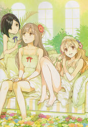  3girls ahoge alternate_costume atelier_(series) atelier_ayesha ayesha_altugle bare_shoulders barefoot black_hair blonde_hair blush brown_eyes brown_hair collarbone couch dress feet feet_on_chair flower flower_bed green_theme hair_flower hair_ornament hair_ribbon hat hidari_(left_side) highres linca_(atelier) linca_(eighth)_(atelier) long_hair looking_at_viewer looking_away marion_quinn multiple_girls official_art pillow ribbon scan short_hair sitting sundress toes wavy_hair 