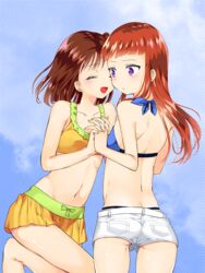  2girls ^_^ alternate_hairstyle ass back barefoot belt bikini bikini_skirt bikini_under_clothes blue_background blue_bikini blunt_bangs blush bow closed_eyes closed_mouth cloud collarbone commentary_request cowboy_shot digimon digimon_tamers dithering facing_another flat_ass frilled_bikini frills from_behind from_side frown green_bow hair_down halterneck happy holding_hands interlocked_fingers katou_juri leaning_forward leg_up long_hair looking_at_another makino_ruki medium_hair minamikuru multiple_girls navel one_side_up open_mouth orange_bikini outdoors pocket purple_eyes red_hair short_shorts shorts sky smile standing standing_on_one_leg straight_hair string_bikini swimsuit twisted_torso white_belt white_shorts 