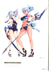  2girls absurdres armlet armpits bare_shoulders bikini blue_bikini blue_eyes blue_hair blue_one-piece_swimsuit bow breasts choco_(chocolate_shop) earrings eyepatch fingerless_gloves full_body gloves hair_ornament hairbow highres holding holding_polearm holding_sword holding_weapon horns jewelry looking_at_viewer medium_breasts medium_hair multiple_girls nail_polish official_art one-piece_swimsuit parted_lips polearm praxis_(xenoblade) sandals simple_background single_horn sleeveless small_breasts smile spear standing swimsuit sword theory_(xenoblade) toenail_polish toenails toes weapon white_background xenoblade_chronicles_(series) xenoblade_chronicles_2 