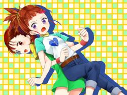  2girls belt blush breasts broken_heart_print brown_eyes brown_hair commentary_request denim digimon digimon_tamers dress jeans katou_juri looking_at_viewer makino_ruki minamikuru multiple_girls open_mouth orange_hair pants ponytail purple_eyes raglan_sleeves shirt short_hair small_breasts smile wristband 