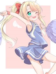  armpits blonde_hair blue_shirt blue_skirt cheerleader eyebrows_visible_through_hair female green_eyes hair_ribbon highres himesaka_noa long_hair looking looking_at_viewer one_eye_closed open_mouth pom_poms ponytail ribbon shirt skirt sleeveless solo watashi_ni_tenshi_ga_maiorita! 