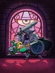  2boys absurdres armor belt black_knight_(zelda) blonde_hair boots brown_belt brown_footwear cape duel ezlo fake_horns fighting flying_sweatdrops from_side green_headwear green_tunic hat helmet highres holding holding_shield holding_sword holding_weapon horned_helmet horns indoors jumping knight left-handed link looking_at_another male_focus mirror_shield multiple_boys official_art open_mouth pointy_ears sensei_haruki_suetsugu shadow shield short_hair stained_glass standing sword teeth the_legend_of_zelda the_legend_of_zelda:_the_minish_cap third-party_source toon_link tunic upper_teeth_only weapon 