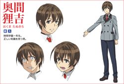  1boy brown_eyes brown_hair clothes jewelry male_focus necklace necktie official_art okuma_tanukichi pants school_uniform serious shimoneta_to_iu_gainen_ga_sonzai_shinai_taikutsu_na_sekai shirt shoes short_hair simple_background smile solo standing student teeth uniform 