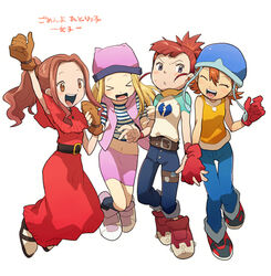  4girls belt blonde_hair blush breasts broken_heart_print brown_eyes brown_hair commentary_request crossover denim digimon digimon_adventure digimon_frontier digimon_tamers dress hat holding_hands in-franchise_crossover jeans jumping long_hair looking_at_viewer makino_ruki multiple_girls open_mouth orange_hair orimoto_izumi pants ponytail purple_eyes raglan_sleeves red_hair shirt short_hair simple_background small_breasts smile striped_clothes striped_shirt t_k_g tachikawa_mimi takenouchi_sora trait_connection translated white_background wristband 