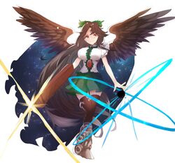  absurdly_long_hair alternate_breast_size arm_cannon bird_wings black_wings bow breasts brown_hair cape commentary_request double_exposure dress energy_ball female frills full_body granblue_fantasy_(style) green_bow green_skirt hairbow large_breasts long_hair looking_at_viewer puffy_short_sleeves puffy_sleeves red_eyes reiuji_utsuho ribbon shirt short_sleeves sidelocks skirt smile solo space_print starry_sky_print thighhighs third_eye touhou tsukikusa very_long_hair weapon white_background white_cape white_shirt wings 