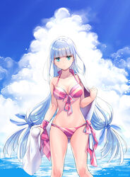  :&lt; akasaka_asa artist_name ass_visible_through_thighs beach bikini blue_eyes blue_sky blunt_bangs breasts cleavage closed_mouth cloud cloudy_sky collarbone commentary_request day female front-tie_bikini_top front-tie_top frown hand_up highres layered_bikini layered_swimsuit legs_apart long_hair looking_at_viewer medium_breasts navel ocean original outdoors panties pink_bikini side-tie_bikini_bottom single_bare_shoulder sky solo standing sunlight swimsuit towel towel_on_one_shoulder underwear very_long_hair water 