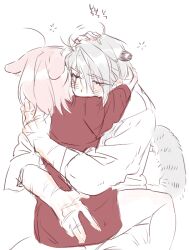  0820_lakia 2girls ahoge animal_ears blush closed_eyes commentary_request grey_hair hand_on_another&#039;s_head headpat hug korean_commentary multiple_girls original pink_hair rabbit_ears red_shirt scar scar_on_arm scar_on_hand shirt short_hair simple_background sitting sitting_on_lap sitting_on_person sleeves_rolled_up snow_leopard_ears snow_leopard_tail white_background yuri 