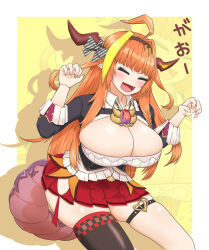  ahoge arms_up asymmetrical_legwear breasts cleavage closed_eyes dragon_horns highres hololive horns jewelry kiryu_coco large_breasts long_hair miniskirt nameless_deadeye_penguin necklace oerba_yun_fang open_mouth orange_hair simple_background single_thighhigh sitting skirt smile tail thighhighs virtual_youtuber yellow_background 