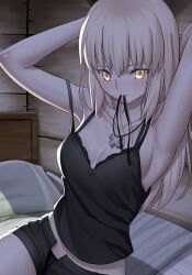  absurdres adjusting_hair armpits arms_up artoria_pendragon_(fate) bed bed_sheet bedroom black_bra black_camisole black_ribbon black_shorts blonde_hair blush bra breasts camisole cross cross_necklace dark fate/grand_order fate_(series) female hands_in_hair highres indoors jewelry lace-trimmed_bra lace_trim long_hair longdq3008 looking_at_viewer medium_breasts mouth_hold necklace official_alternate_costume on_bed open_fly pillow ribbon ribbon_in_mouth saber_alter saber_alter_(ver._shinjuku_1999)_(fate) shorts sitting solo strap_slip sweat tying_hair underwear yellow_eyes 