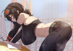  ass bare_shoulders belt black_belt black_hair black_pants black_sports_bra blurry blurry_background breasts brown_eyes closed_mouth construction_site deyui dripping english_commentary female from_side goggles goggles_on_head grace_howard hanging_breasts highres large_breasts leaning_forward looking_at_viewer midriff navel pants ponytail red-tinted_eyewear short_ponytail solo sports_bra sweat tinted_eyewear wet wet_hair white_towel wrench zenless_zone_zero 