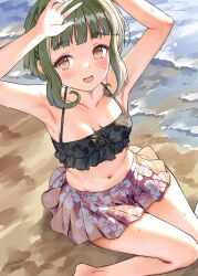  armpits arms_up barefoot beach bikini bikini_skirt black_bikini blunt_bangs blush breasts brown_eyes commentary_request female floral_print green_hair highres kantai_collection looking_at_viewer medium_breasts mizuta_kenji open_mouth pink_bikini sand short_hair sitting solo swimsuit takanami_(kancolle) water wet 