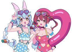  2girls :d animal_ear_fluff animal_ears animal_print arm_up bare_arms bare_shoulders bikini blue_bikini blue_hair bow braid breasts brown_eyes brown_hair carrot_hair_ornament cleavage clothes_writing commentary_request eyewear_on_head food-themed_hair_ornament frilled_bikini frills hair_between_eyes hair_ornament hairbow heart heart-shaped_eyewear heart-shaped_innertube heterochromia hololive houshou_marine innertube large_breasts long_hair looking_at_viewer low_twintails multicolored_hair multiple_girls neki_(wakiko) one-piece_swimsuit pink-framed_eyewear print_bikini rabbit-shaped_pupils rabbit_ears rabbit_print red_one-piece_swimsuit short_eyebrows smile sunglasses swim_ring swimsuit symbol-shaped_pupils thick_eyebrows transparent_background twin_braids twintails two-tone_hair usada_pekora very_long_hair virtual_youtuber white-framed_eyewear white_bow white_hair 