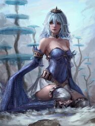  bare_shoulders blue_dress breasts cleavage collar covered_navel detached_sleeves dress duel_monster female fins fish_girl grey_hair highres instagram_username lips looking_to_the_side medium_breasts mermaid metal_collar monster_girl painting_(medium) patreon_username sitting skirt tearlaments_merrli thighs tiara traditional_media veil wariza white_skirt yaminokuni yellow_eyes yu-gi-oh! zettai_ryouiki 