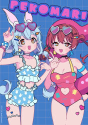  2girls :d animal_ear_fluff animal_ears animal_print arm_up ass_visible_through_thighs bare_arms bare_shoulders bikini blue_background blue_bikini blue_hair bow braid breasts brown_eyes brown_hair carrot_hair_ornament cleavage clothes_writing commentary_request cowboy_shot dated eyewear_on_head food-themed_hair_ornament frilled_bikini frills grid_background hair_between_eyes hair_ornament hairbow heart heart-shaped_eyewear heart-shaped_innertube heterochromia highres hololive houshou_marine innertube large_breasts long_hair looking_at_viewer low_twintails multicolored_hair multiple_girls neki_(wakiko) one-piece_swimsuit pink-framed_eyewear print_bikini rabbit-shaped_pupils rabbit_ears rabbit_print red_one-piece_swimsuit short_eyebrows smile sunglasses swim_ring swimsuit symbol-shaped_pupils thick_eyebrows thigh_gap twin_braids twintails twitter_username two-tone_hair usada_pekora very_long_hair virtual_youtuber white-framed_eyewear white_bow white_hair 