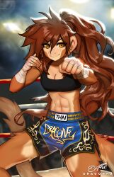  abs anthro bottomwear bra breasts brown_hair cleavage clothed clothing dragonfu female fighting_ring front_view fully_clothed hair hand_wraps haplorhine hi_res mammal midriff monkey muscular muscular_anthro muscular_female primate shorts solo sports_bra underwear wraps yellow_eyes 