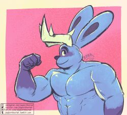  animal_humanoid antlers blue_body blue_nose flexing flexing_bicep hi_res horn humanoid jackalope jasperthecrab lagomorph lagomorph_humanoid leporid looking_at_viewer male mammal mammal_humanoid muscular muscular_male rabbit shirtless shirtless_male solo 