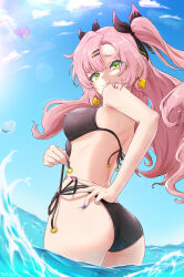  :3 absurdres ass bikini black_bikini blue_nails blue_sky breasts earrings english_commentary female gixtsuki green_eyes hair_ornament hairclip heart heart_earrings highres jewelry large_breasts long_hair looking_at_viewer mole mole_on_arm mole_on_ass mole_under_breast mole_under_eye multicolored_nails nail_polish nicole_demara partially_submerged pink_hair pink_nails side-tie_bikini_bottom sky solo swimsuit two_side_up untying water zenless_zone_zero 