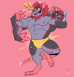  2024 absurd_res anthro clothing exclamation_point hi_res male mammal murid murine muscular muscular_male nipples pink_nose rat rattykai rodent simple_background solo speedo surprised swimwear 