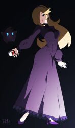  absurdres black_background blonde_hair breasts cosplay dress earrings female grin hex_maniac_(pokemon) hex_maniac_(pokemon)_(cosplay) high_heels highres holding holding_poke_ball jewelry long_hair long_sleeves looking_down mario_(series) nail_polish poke_ball poke_ball_(basic) pokemon pokemon_xy purple_dress purple_footwear purple_nails r3dfive rosalina smile standing teeth 