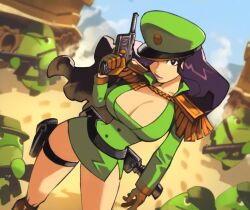  aiguillette belt black_hair blue_sky blurry breasts cleavage depth_of_field dust_cloud english_commentary epaulettes female footprints fringe_trim frog gloves gun handgun hat hat_over_one_eye highres holding holding_gun holding_weapon jacket large_breasts long_hair looking_at_viewer military military_hat military_jacket military_uniform military_vehicle miniskirt motor_vehicle optionaltypo original outdoors pouch rifle sand sheath sheathed skirt sky swimsuitsuccubus tank thigh_strap uniform weapon 