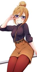  absurdres adjusting_eyewear alternate_hairstyle amagi_(volfuji) belt bespectacled between_breasts black_shirt breasts brown_belt commentary_request female glasses hair_between_eyes hair_bun hand_up highres looking_at_viewer love_live! love_live!_superstar!! medium_hair orange_hair orange_skirt pantyhose purple_eyes red_pantyhose shibuya_kanon shirt sidelocks sitting skirt smile solo strap_between_breasts upper_body 