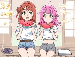  2girls ahoge belt bite_mark blue_shorts blunt_bangs blunt_ends blush brown_belt closed_mouth commentary_request dated dot_mouth food fruit green_eyes grey_shorts hair_bun hair_ornament hairclip highres holding_watermelon looking_at_another love_live! love_live!_nijigasaki_high_school_idol_club medium_hair midriff mosquito_coil multiple_girls navel open_mouth pink_hair red_hair shirt shorts side-by-side single_side_bun sitting sketchbook swept_bangs tennoji_rina translation_request uehara_ayumu upper_body watermelon white_shirt yanekawara yellow_eyes 