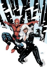  1boy black_bodysuit black_cat black_mask blue_eyes bodysuit collaboration domino_mask felicia_hardy feline female highres long_hair marvel mask outdoors rachel_dodson signature snow snowing spider-man spider-man_(series) terry_dodson white_hair 