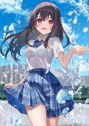  :d blue_bow blue_bowtie blue_bra blue_skirt blue_sky bow bowtie bra bra_visible_through_clothes breasts brown_hair collared_shirt female hair_ornament hairclip highres kisaragi_yuri long_hair medium_breasts original pink_eyes plaid_bow plaid_bowtie plaid_clothes plaid_skirt school_uniform see-through shirt short_sleeves skirt sky smile solo underwear water water_drop wet wet_clothes wet_shirt white_shirt x_hair_ornament 