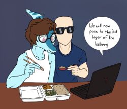  2024 5_fingers anthro bald benjamin_mcknight biped blue_body blue_clothing blue_scales blue_shirt blue_t-shirt blue_topwear brown_hair cavemanon_studios chopsticks clothing colored computer container cutlery dinosaur duo eating electronics english_text eyewear fingers food furniture grey_background hadrosaurid hair hi_res holding_object human humanoid_hands i_wani_hug_that_gator inco_(iwhtg) kitchen_utensils koopacoon laptop logo looking_at_object male male/male mammal markings monotone_background ornithischian ornithopod parasaurolophus prehistoric_species reptile scales scalie shirt short_hair simple_background speech_bubble spoon striped_markings stripes sunglasses t-shirt table tank_top text tools topwear watching_video 