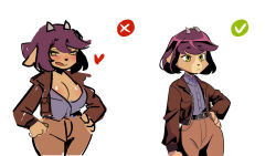  anthro bedroom_eyes belt big_breasts blush bottomwear bovid breasts brown_body caprine check_mark cleavage clothed clothing collared_shirt colored comparing comparison diana_(on_your_tail) digital_media_(artwork) dress_shirt duo eyebrows female fingers floppy_ears fur glistening glistening_body goat hair half-closed_eyes hands_on_hips heart_symbol horn jacket licking licking_lips looking_at_viewer mammal narrowed_eyes neutral_expression on_your_tail open_clothing open_jacket open_topwear pants purple_hair seductive shaded shirt short_hair simple_background standing suggestive_pose symbol tan_body tan_fur thick_thighs tongue tongue_out topwear unknown_artist white_background x_marking yellow_eyes 