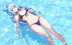  absurdres afloat aqua_(konosuba) bare_shoulders bikini blue_bikini blue_eyes blue_hair blush breasts breasts_apart closed_mouth collarbone female from_above front-tie_bikini_top front-tie_top gibun_(sozoshu) hair_between_eyes hair_ornament hair_rings highres kono_subarashii_sekai_ni_shukufuku_wo! layered_bikini long_hair looking_at_viewer lying lying_on_water medium_breasts navel ocean on_back on_water partially_submerged side-tie_bikini_bottom single_hair_ring smile solo swimsuit underboob water wet 