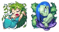  2girls arlownay arm_up blue_dress blue_hair breasts closed_eyes closed_mouth colored_skin dress duel_monster eyelashes goddess_of_whim green_hair green_skin large_breasts monster_girl multiple_girls open_mouth plant plant_girl plant_hair sideboob sido_(slipknot) simple_background smile thorns vines white_background yawning yu-gi-oh! 