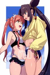  2girls ass bare_shoulders bikini black_bikini black_hair blue_bikini blue_eyes blush breasts echo_(circa) fate/grand_order fate_(series) hair_bun jacket long_hair long_sleeves medb_(fate) medb_(swimsuit_saber)_(fate) medb_(swimsuit_saber)_(second_ascension)_(fate) medium_breasts multiple_girls navel open_mouth parted_bangs pink_hair side_ponytail sidelocks single_side_bun smile swimsuit thighs tiara twintails two-tone_bikini ushiwakamaru_(fate) ushiwakamaru_(swimsuit_assassin)_(fate) ushiwakamaru_(swimsuit_assassin)_(first_ascension)_(fate) very_long_hair white_bikini yellow_eyes yellow_jacket 