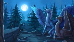  absurd_res angel_dragon black_body black_scales blue_body blue_eyes blue_moon blue_scales detailed_background dragon duo european_mythology feathered_wings feathers female feral forest forest_background hair hi_res horn jakeseeker kyros_(wolfrayay) lying male male/female mythological_creature mythological_scalie mythology nature nature_background night outside plant rock scales scalie shia_(wolfrayay) star tail tree western_dragon white_hair wings 