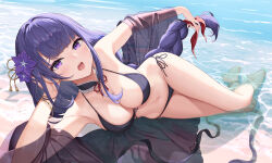  bare_shoulders bikini blush braid braided_ponytail breasts cleavage collarbone female flower genshin_impact hair_flower hair_ornament hamahama highres large_breasts long_hair looking_at_viewer navel open_mouth purple_eyes purple_hair raiden_shogun solo swimsuit very_long_hair 