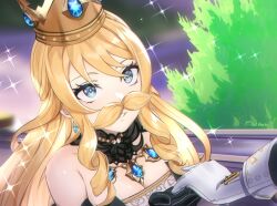  2girls aoiabyss bare_shoulders black_gloves blonde_hair blue_eyes breasts cleavage clorinde_(genshin_impact) crown earrings fake_facial_hair fake_mustache genshin_impact gloves jewelry long_hair multiple_girls navia_(genshin_impact) necklace sparkle upper_body very_long_hair white_gloves 