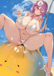  beach_umbrella bikini blue_sky breasts bubble cameltoe cleavage commentary_request covered_nipples feet_out_of_frame female flower hair_between_eyes hair_flower hair_ornament high_heels huge_breasts long_hair looking_at_viewer lotion_bottle lube momi original puffy_nipples purple_hair red_eyes scrunchie shoes sitting skindentation sky solo spread_legs swimsuit umbrella white_bikini white_flower white_footwear wrist_scrunchie 