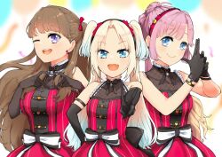  3girls 4-finger_heart_hands :3 :d ;d ahoge anyoji_hime black_hairband blonde_hair blue_eyes blue_hair blunt_bangs blurry blurry_background breasts brown_hair closed_mouth collarbone commentary dress finger_gun flower frilled_hairband frills fujishima_megumi gradient_hair hairband heart heart_hands highres large_breasts light_blue_hair link!_like!_love_live! long_hair looking_at_viewer love_live! medium_breasts mendo_(mend0o0_) mira-cra_park! multi-tied_hair multicolored_hair multiple_girls oerba_yun_fang official_alternate_costume one_eye_closed open_mouth osawa_rurino parted_bangs pink_hair ponytail purple_eyes red_dress red_hairband sidelocks sleeveless sleeveless_dress small_breasts smile streamers swept_bangs teeth twintails two_side_up upper_body upper_teeth_only v virtual_youtuber white_flower 