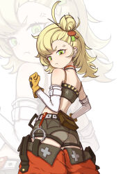  :t absurdres anger_vein ass blonde_hair blush chinese_commentary clenched_hand detached_pants detached_sleeves earrings female from_behind gloves green_eyes hair_bun highres jewelry looking_at_viewer necklace piper_wheel solo user_aajs4245 yellow_gloves zenless_zone_zero zoom_layer 