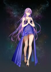  anklet bare_arms bare_legs bare_shoulders black_background black_footwear breasts closed_mouth dress dress_flower female flower full_body gradient_clothes gradient_dress high-low_skirt highres interlocked_fingers jewelry long_hair looking_at_viewer medium_breasts mo_qingxian official_art own_hands_together purple_dress purple_eyes purple_flower purple_hair red_nails smile solo standing starry_background strapless strapless_dress tidsean very_long_hair vocaloid vsinger_(vocaloid) 