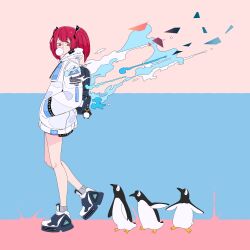  absurdres backpack bag bag_charm blowing_bubbles charm_(object) coat failan_(gnccj01) female grey_socks highres hood hood_down original penguinn pink_hair red_eyes shoes sneakers socks standing white_coat 