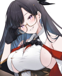  adjusting_eyewear armpit_crease azur_lane bare_shoulders black_gloves black_hair black_ribbon blush breasts collared_dress dress dupleix_(azur_lane) female gloves grin hair_ribbon hand_on_eyewear hand_up large_breasts long_hair looking_at_viewer mikuchi3939 mole mole_on_breast mole_under_eye parted_bangs parted_lips purple_eyes ribbon semi-rimless_eyewear sideboob simple_background sleeveless sleeveless_dress smile solo upper_body white_background white_dress yellow-framed_eyewear 