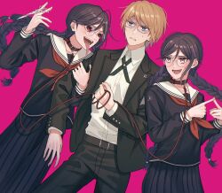  absurdres anger_vein annoyed black_jacket black_pants blonde_hair blue_eyes blush braid collar danganronpa:_trigger_happy_havoc danganronpa_(series) dress_shirt dual_persona fukawa_toko furrowed_brow ganruo_(iwashi_1023) genocider_shou glasses grey-framed_eyewear hair_between_eyes highres holding holding_another&#039;s_arm holding_leash holding_scissors jacket leash long_hair neckerchief pants pink_background pleated_skirt red_neckerchief round_eyewear sailor_collar school_uniform scissors serafuku shirt shirt_tucked_in simple_background skirt sweat togami_byakuya tongue tongue_out twiddling_fingers twin_braids white_sailor_collar white_shirt 