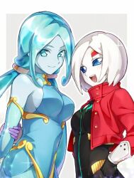  2girls aqua_dress aqua_skin arm_behind_back black_bodysuit black_gloves blue_eyes blue_hair blue_sclera bob_cut bodysuit border breasts closed_mouth colored_sclera colored_skin cropped_jacket detached_sleeves dragon_ball dragon_ball_heroes dress facial_mark gloves hand_on_own_hip jacket kamin_(dragon_ball) lagss long_hair looking_at_viewer low_twintails medium_breasts multiple_girls nana_tsuba_(pixiv78353289) open_mouth parted_bangs purple_gloves red_jacket short_hair sideboob sideboob_cutout sleeveless sleeveless_dress smile sparkle third-party_source twintails very_long_hair white_border white_skin 