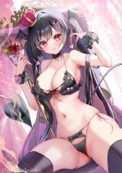  ayuma_sayu bare_shoulders bat_hair_ornament black_bra black_choker black_panties black_thighhighs blush bra breasts choker commentary_request crown demon_girl demon_tail female frilled_choker frills hair_ornament hairclip large_breasts long_hair looking_at_viewer megami_tensei mini_crown navel original panties red_eyes solo spread_legs succubus_(megami_tensei) tail thighhighs twintails underwear wrist_cuffs 