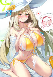  1boy :q absurdres barefoot bikini blue_archive blush breasts brown_hair cleavage closed_mouth commentary_request condom condom_wrapper doodle_sensei_(blue_archive) female fingernails flower flower_hat green_halo halo hands_on_own_chest hat heart highres huge_breasts long_hair looking_at_viewer lotion lotion_bottle nonomi_(blue_archive) nonomi_(swimsuit)_(blue_archive) official_alternate_costume painter_j rose sensei_(blue_archive) sitting smile soles solo_focus spoken_heart suggestive_fluid swimsuit thighs toes tongue tongue_out twitter_username wariza white_hat yellow_bikini yellow_flower yellow_rose 