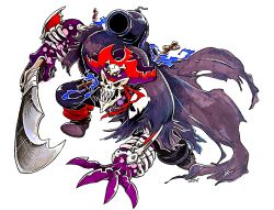  1boy 2018 bandana black_coat black_pants black_sclera boots coat colored_sclera fangs fighting_stance gauntlets glowing glowing_eyes hat highres holding holding_sword holding_weapon leaning_forward magic multiple_swords pants pirate pirate_hat pirate_master red_bandana red_eyes scimitar shantae_(series) shantae_and_the_pirate&#039;s_curse shoulder_cannon simple_background skeleton skull_and_crossbones solo sword third-party_source twisted-wind two-tone_footwear undead weapon white_background 