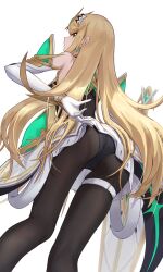  ass back-seamed_legwear bare_shoulders black_panties black_pantyhose blonde_hair breasts dangle_earrings dress earrings elbow_gloves female from_behind from_below gloves headpiece highres jewelry large_breasts long_hair looking_at_viewer looking_back microdress mythra_(xenoblade) panties panties_under_pantyhose pantyhose pantyshot pleated_dress seamed_legwear short_dress simple_background skirt sleeveless sleeveless_dress solo swept_bangs takahashi_hizumi thigh_strap tiara underwear upskirt very_long_hair white_background white_dress white_gloves white_skirt xenoblade_chronicles_(series) xenoblade_chronicles_2 yellow_eyes 