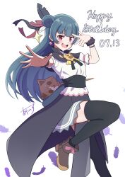  absurdres birthday black_thighhighs blue_hair commentary dated earrings english_text feathers female genjitsu_no_yohane hair_bun happy_birthday highres ice_compass0610 jewelry long_hair looking_at_viewer love_live! love_live!_sunshine!! purple_eyes purple_feathers signature single_side_bun solo staff thighhighs tsushima_yoshiko white_background 